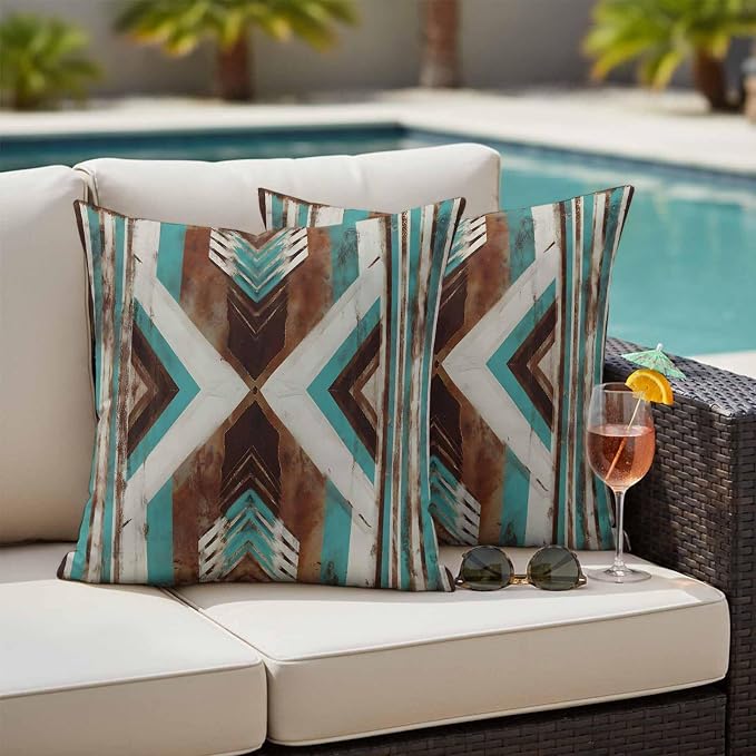 Aztec Southwestern Outdoor Pillow Covers 18"x18" Set of 2, Vintage Abstract Brown Turquoise Diamond Waterproof Throw Pillow Covers for Patio Furniture, Decorative Cushion Covers for Porch