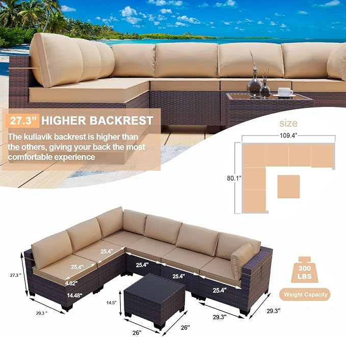 Kullavik 12PCS Outdoor Patio Furniture Set,PE Wicker Rattan Sectional Sofa Patio Conversation Sets with Tempered Glass Table,Swivel Rocking Chairs Set,Sand
