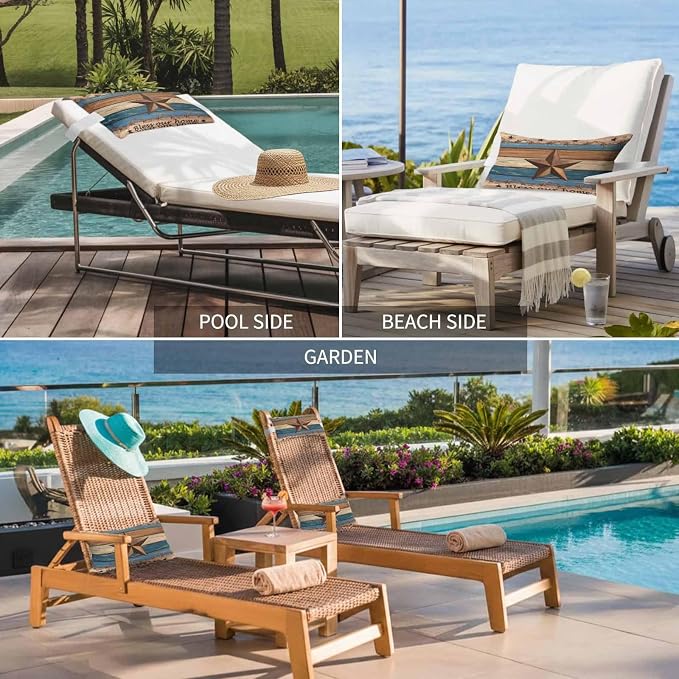 Western Texas Star Retro Outdoor Pillows for Chaise Lounge Chair Beach Headrest Pillow Set of 2 Lumbar Pillows with Insert&Strap Country Farmhouse Dark Blue Brown Wooden Neck Pillow for Pool 11"x16"