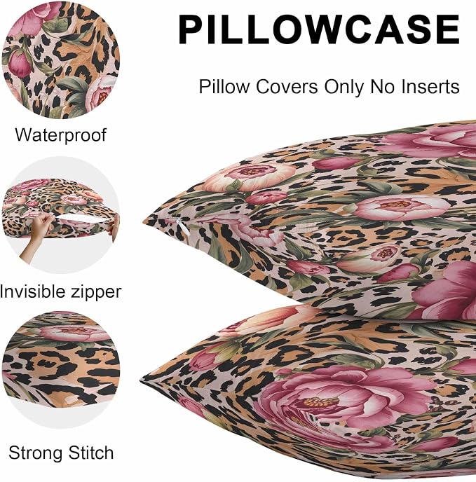 Vandarllin Outdoor Throw Pillows Covers 18x18 inch Set of 2 Waterproof Leopard Print Decorative Zippered Cushion Covers for Patio Furniture, Pink Floral Retro Animal Skin Lumbar Pillowcases