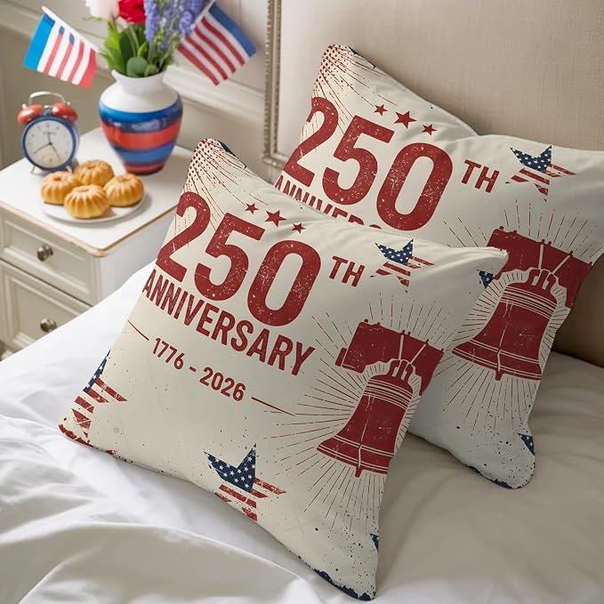 250th Anniversary Outdoor Pillow Covers 16"x16" Set of 2, Liberty Bell Stars Vintage 1776-2026 Waterproof Throw Pillow Covers for Patio Furniture, Decorative Cushion Covers for Porch