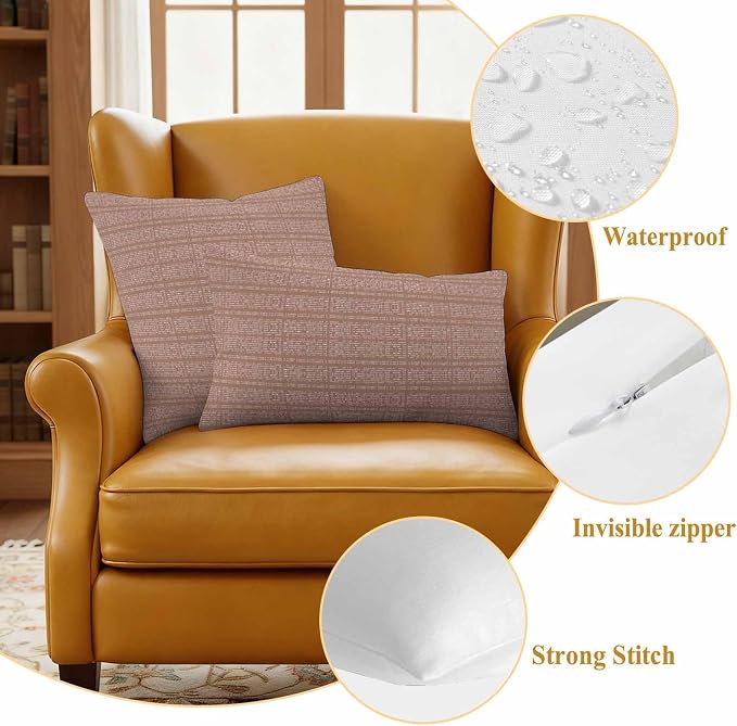 Outdoor Waterproof Throw Pillow Covers Set of 2 Brown Stripes Grain Pillowcases 16x16 Inches Solid Color Decorative Pillows Cushion Case Patio Pillows for Couch Bed Chair Garden