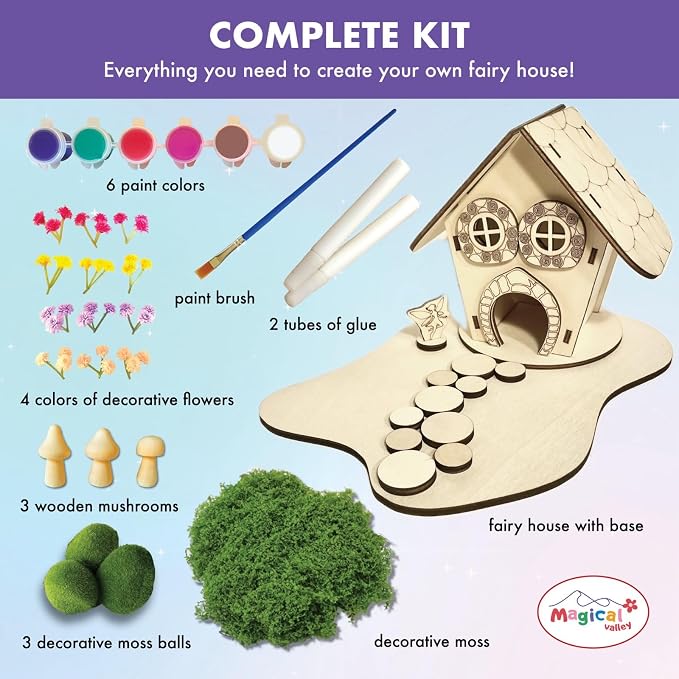 Fairy House Craft Kit for Kids, DIY Wooden Fairy Garden Kit with Paints & Decorations, Arts & Crafts for Kids, Creative Activity, Birthday Gift for Girls Ages 5 6 7 8–12