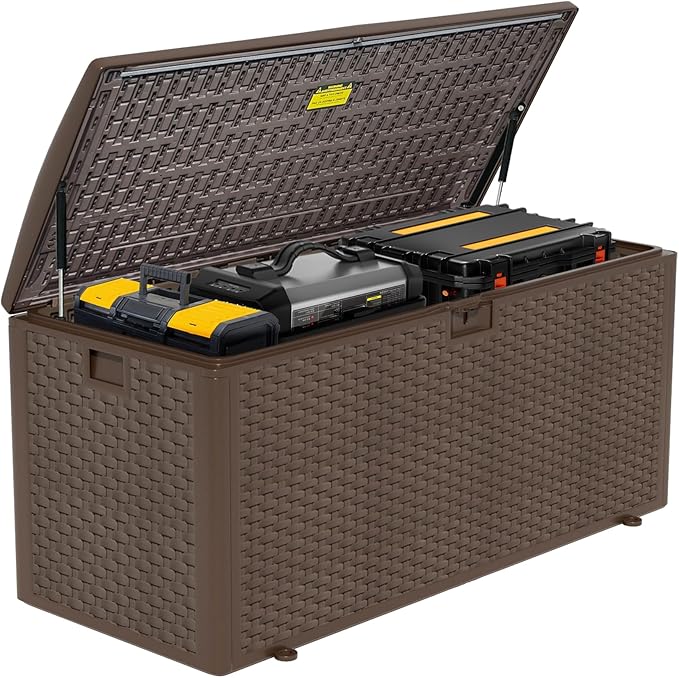 Outdoor Storage Box Waterproof, 180 Gallon Pro Lockable Resin Deck Box Large, Patio Storage Bin for Pool Accessories Cushion Furniture, Garden Tools, UV-Resistant Outside Delivery Brown