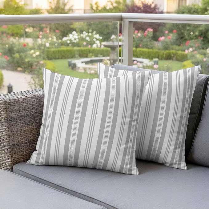 Gery Striped Outdoor Waterproof Pillow Covers, Farmhouse Stripes Modern Geometric Decorative Square Throw Pillowcase Sofa Cushion Sham for Patio/Couch/Chair, 26"x26" 2 Pack