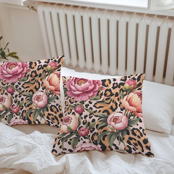 Vandarllin Outdoor Throw Pillows Covers 26x26 inch Set of 2 Waterproof Leopard Print Decorative Zippered Cushion Covers for Patio Furniture, Pink Floral Retro Animal Skin Lumbar Pillowcases