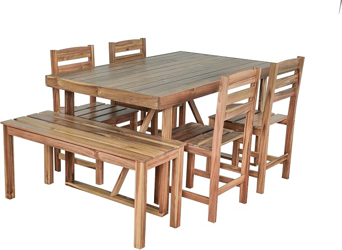 6 Person Outdoor Acacia Wood Dining Table Set, All Weather 6 Pieces Conversation Set, 60'' Rectangle Dining Table with 4 Chairs and Bench for Patio Backyard Garden Poolside Balcony (Natural-26)