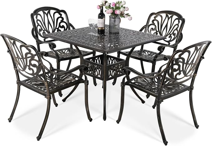 VIVIJASON 5-Piece Outdoor Cast Aluminum Patio Dining Set, All-Weather Conversation Furniture Set, Include 4 Chairs and a 35.4 inch Square Table w/Umbrella Hole for Balcony, Lawn, Garden, Backyard