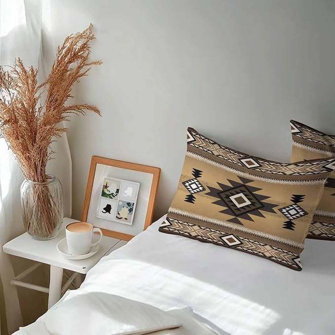 Vandarllin Outdoor Throw Pillows Covers 20x12 inch Set of 2 Waterproof Tribal Style Decorative Zippered Cushion Covers for Patio Furniture, Brown Southwest Native American Lumbar Pillowcases