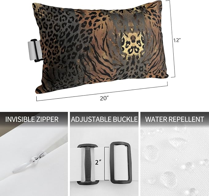 Brown Black Leopard Print Outdoor Chaise Lounge Head Pillow with Insert,Vintage Animals Skin Fur Pattern Waterproof Headrest Lumbar Pillow Cusion Cover with Elastic Strap for Recliner,12"x20" 2PCS