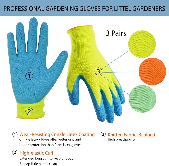 Kids Gardening Gloves, 3 Pairs Non-Slip Garden Gloves for Toddlers, Preschoolers, Schoolchildren, Preteen, Childrens Rubber Coated Yard Work Gloves, Size 6 (Age 11-13)