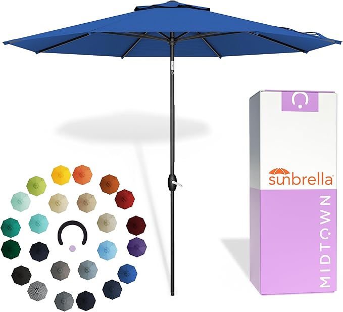 Midtown Umbrellas - The Lean 8 Ft Patio Umbrella with Fade-Resistant Sunbrella Fabric, Auto-Tilt Aluminum Frame and 8 Reinforced Ribs for Deck, Pool & Garden - Dark Blue Canopy, Black Pole