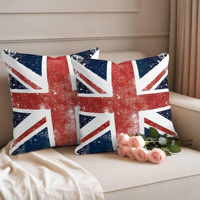4th of July Outdoor Throw Pillows Covers 20x20 inch Set of 2 Waterproof British Flag Decorative Zippered Cushion Covers for Patio Furniture, Vintage Mottled National Flag Lumbar Pillowcases