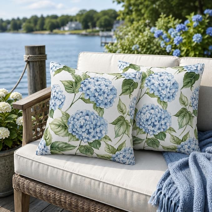Blue Hydrangea Throw Pillow Covers 20x20 inch Set of 2, Outdoor Waterproof Floral Pillow Cases Flower Decorative Cushion Covers for Spring Patio Garden Decor