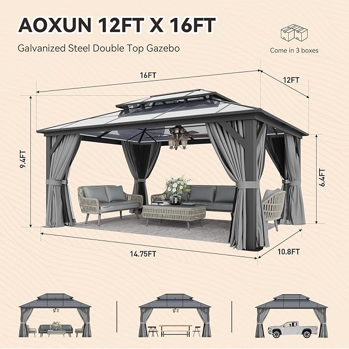 Aoxun 12'x16' Hardtop Gazebo, Outdoor Metal Gazebo with Double Polycarbonate Roof Canopy, Permanent Pavilion with Netting and Curtains for Lawn, Garden, Patio (Gray)