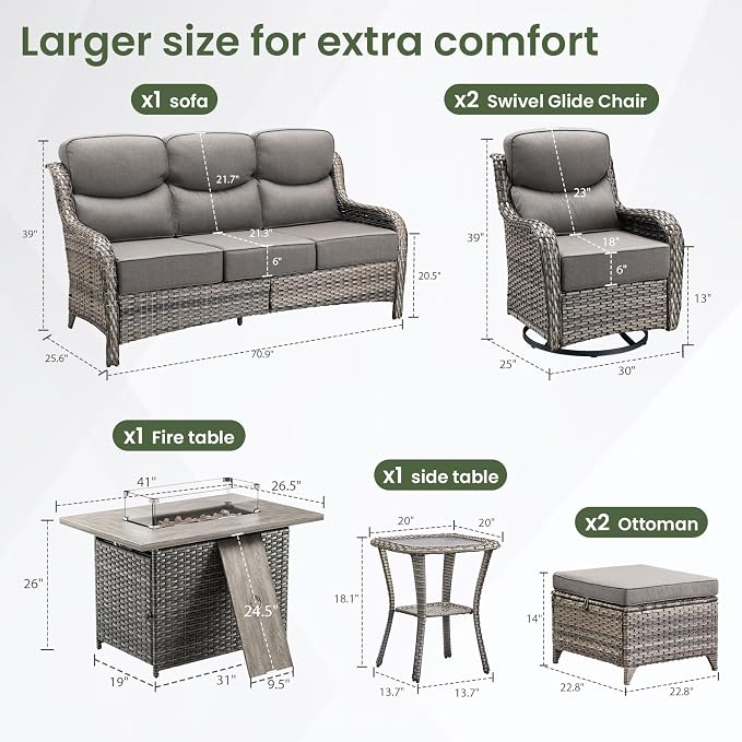Luxury Patio Furniture Set with 6-inch Thick Cushion, Outdoor Furniture with Fire Pit Table, Swivel Chairs, Sofa, Side Table, Ottomans, 7pcs Wicker Conversation Set (Grey Wicker/Grey Cushion)
