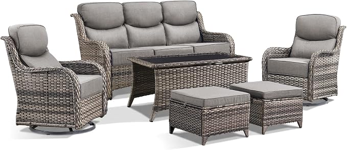 Luxury 6 Pieces Outdoor Patio Furniture Set-All Weather Wicker Outdoor Furniture with Swivel Rocker Patio Chairs 6-inch Extra Thick Cushions Wicker Conversation Set for Garden Porch(Grey/Grey)