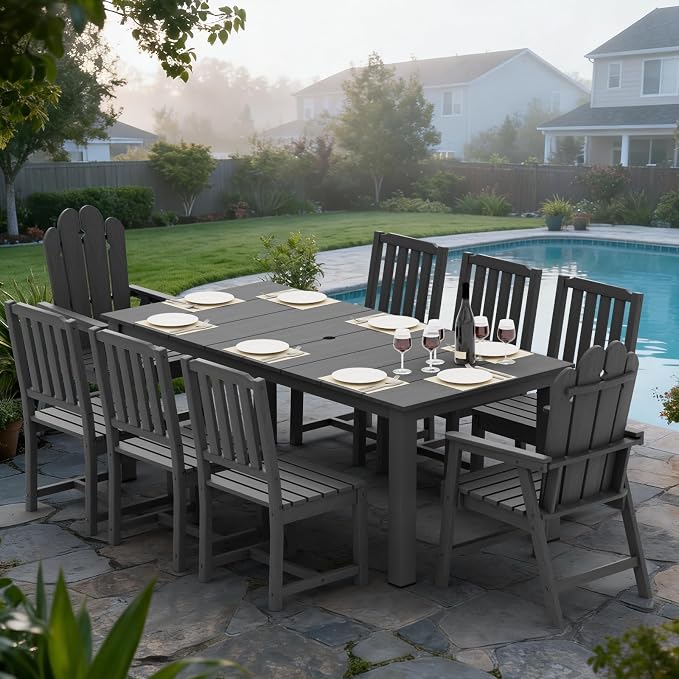 9 Piece Outdoor Dining Table Set for 8, Patio Chairs, Gray | 75.2” table,8 seat patio dining set, durable HDPE wood-look, table hole stable and spacious design for family gatherings