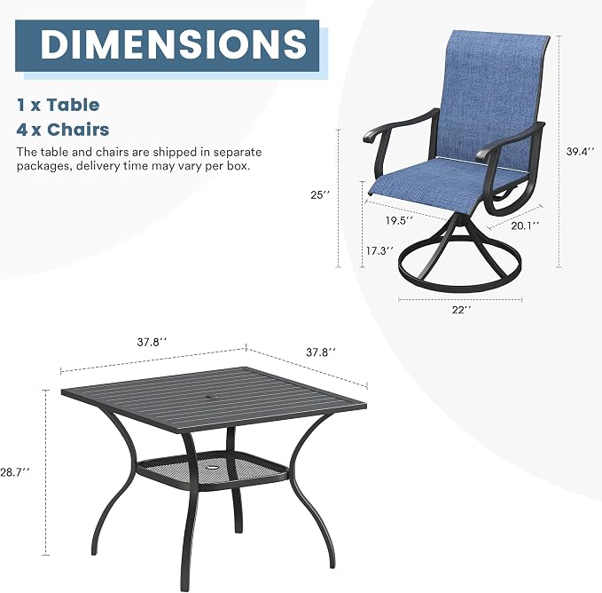 DIFY Patio Table and Chairs Set for 4, 5 Piece Outdoor Dining Set, 37.8" Black Square Metal Dining Table with Umbrella Hole and 4 Blue Textilene Swivel Patio Chairs, for Garden Backyard Deck