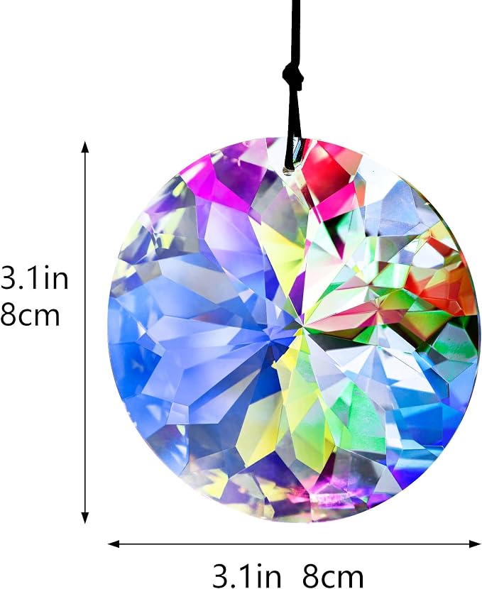 YU FENG 3 Inch Round Crystal Prism Suncatcher, AB Color Rainbow Maker | Faceted Crystal Pendant, Window Hanging Ornament, Chandelier Decor, Christmas Tree Decoration