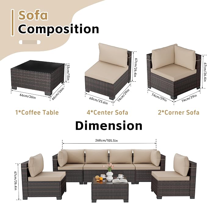 LEVELEVE 7 Pieces Outdoor Patio Furniture Sets,Rattan Conversation Sectional Set,Manual Weaving Wicker Patio Sofa with Tea Table