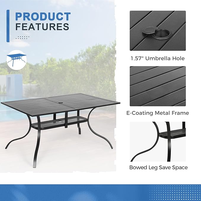 Crownland 7 Piece Patio Dining Set, Outdoor Textilene Dining Sets, 6 Textilene Metal Chairs and Rectangular Outdoor Dining Table with Sky Blue 9FT Round Outdoor Umbrella (Blue)