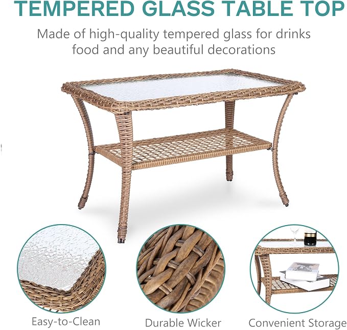 MEETWARM 7 Pieces Outdoor Patio Rattan Furniture Sets, All Weather Patio Wicker Conversation Set- 2 Rocking Chairs, 2 Swivel Chairs, 1 Loveseat Glider with Cushions, 2 Glass-Top Coffee Table, Beige
