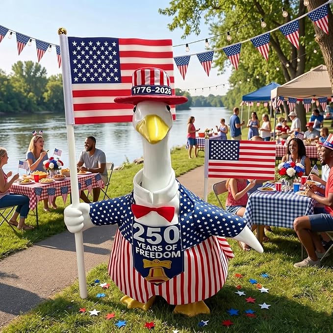 Patriotic Porch Goose Outfits for 23" H Lawn Statue, 4th of July Porch Goose Outfit Anniversary Sign Flag Goose Clothes Costume for Independence Day & Memorial Day Outdoor Garden Yard Patio Decor