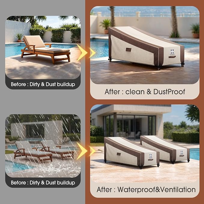 HAMLER Lounge Chair Cover, Heavy Duty Chaise Lounge Covers Outdoor Waterproof, Outdoor Furniture Covers for Patio Furniture Fits up to 86L x 36W x 32 H Inch, Brown & Beige