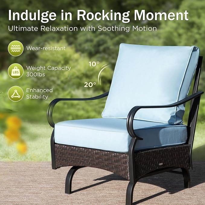 PHI VILLA Patio Furniture Set, Upgraded Wicker & Metal Modern Outdoor Conversation Sets Patio Sectional Rocking Chair Set with Coffee Table & Waterproof Thick Cushions for Porch, Deck(6 Pieces, Blue)
