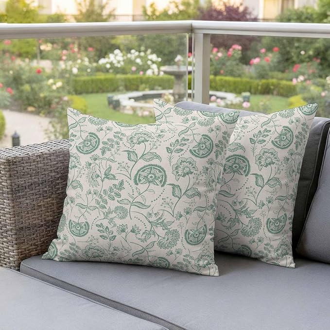 Outdoor Pillow Covers 20x20 Set of 2, Green Spring Floral Waterproof Patio Throw Pillow Covers for Couch Sofa Chair, Summer Botanical Vintage Farmhouse Decorative Pillowcases for Throw Pillows