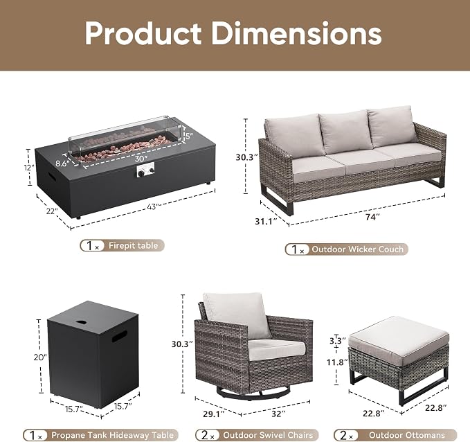 HUMMUH Patio Furniture Set with Fire Pit Table,7 Piece Wicker Outdoor Conversation Sets -Outdoor Swivel Rocker Chairs Patio Sofa for Porch,Garden,Backyard