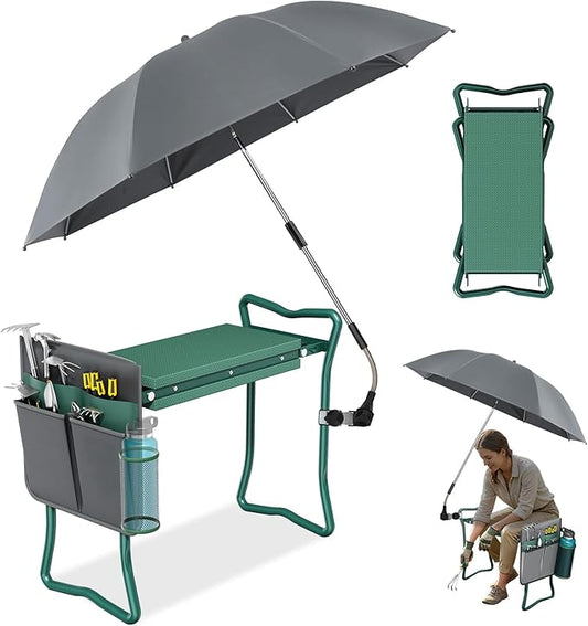 OAOA innovation 2-in-1 Garden Kneeler with Umbrella, Kneeling Bench & Grey Umbrella, Portable Stool 330lb Capacity, Garden Tools Bag with Bottle Holder, Gardening Gift for Men Women Seniors