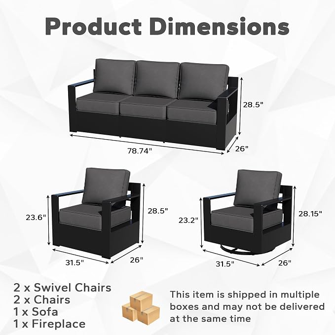 Outdoor Aluminum Furniture Set, 6-Piece Patio Conversation Set, 2 Swivel Chairs, 2 Chairs,1 Sofa and 1 Fireplace, All-Weather Metal Frame, 6" Thick Removable Cushions, Deep Setting for Porch