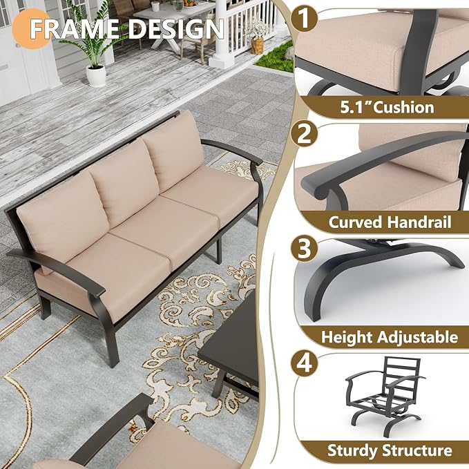 Metal Patio Furniture Set,4 Pieces 5 Seats Patio Sectional Outdoor Furniture Set with Rectangular Coffee Table,Patio Conversation Sets with 5.1" Thickened Cushions,SandSand