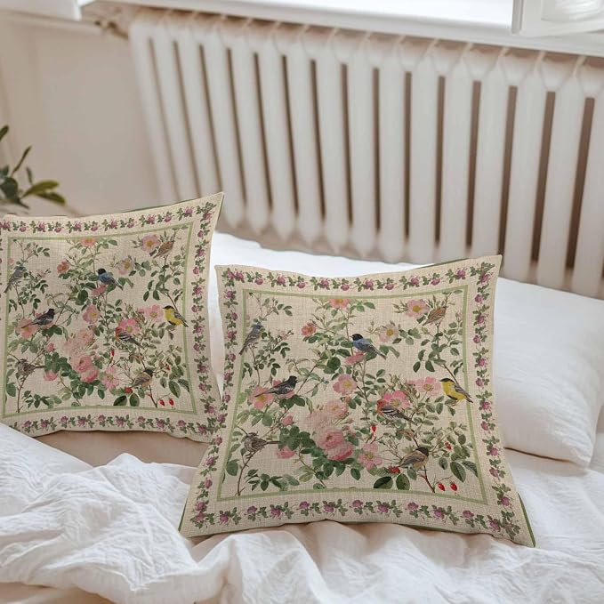 Vandarllin Outdoor Throw Pillows Covers 26x26 inch Set of 2 Waterproof Pink Floral Bird Decorative Zippered Cushion Covers for Patio Furniture, Green Leaves Branches Linen Lumbar Pillowcases