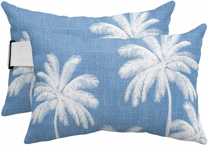 Pack of 2 Outdoor Lumbar Pillow Covers 11x16 Inch, Blue Palm Trees Waterproof Throw Pillow Covers Set, Farmhouse Tropical Summer Beach Indoor&Outdoor Decorative Cushion Cases for Patio Porch Car