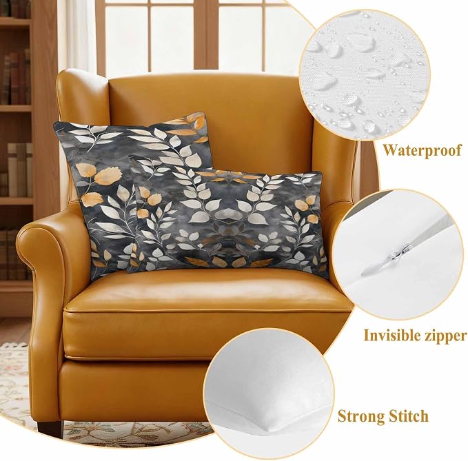 Vintage Leaves Waterproof Outdoor Pillow Covers Set of 2 Home Decor, Vintage Botanical Leaf Plants Branches Pillowcase Patio Pillow Covers for Couch Bench Furniture Garden 20x12in