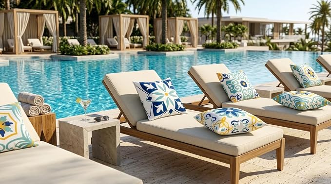 Pyonic Waterproof Outdoor Pillow Covers 24x24 Inch Set of 4 | Double Side Boho Floral Print Outdoor Pillows for Patio Funiture Garden,Blue