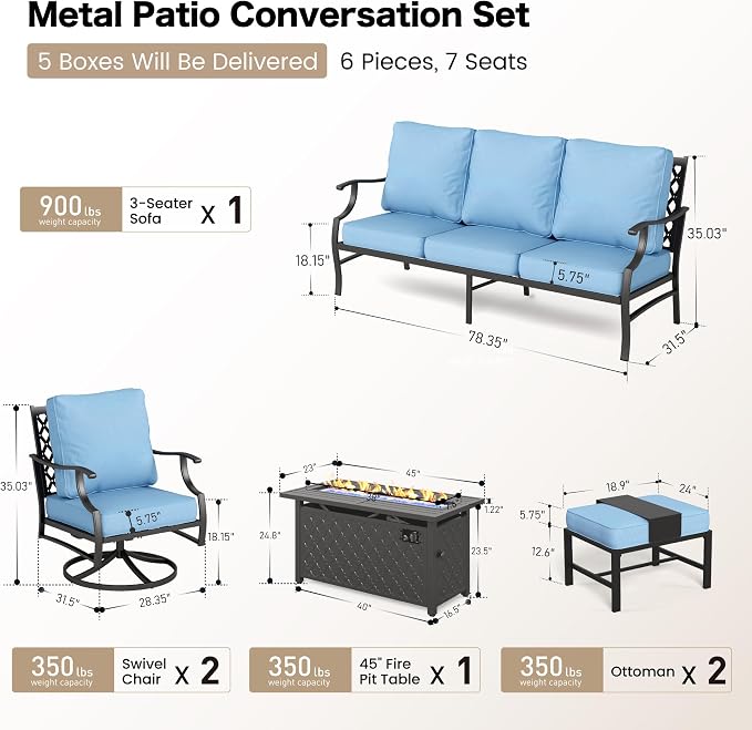 SUNSHINE VALLEY 6 Piece Metal Outdoor Patio Furniture Set with Firepit Table, Patio Conversation Set 1 3-seater Sofa, 2 Swivel Chair, 2 Ottoman with 5.75" Thick Cushion, Black Backyard Furniture, Blue