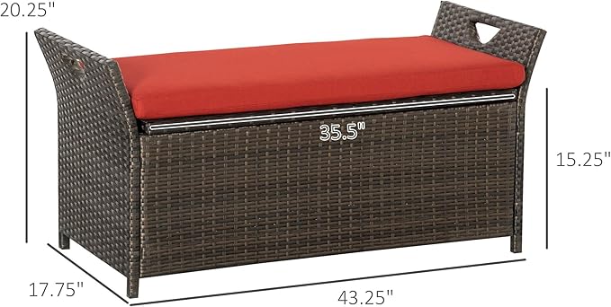 Outdoor Rattan Wicker Storage Bench with Cushion, Patio Storage Deck Box for Outdoor Furniture Cushions, Garden Tools (Red)