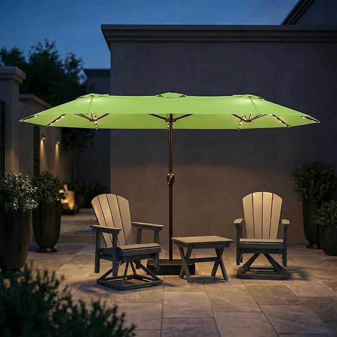 15FT Patio Umbrella with Solar Lights, Double-Sided Extra Large Outdoor Table Umbrella with Base Included, Heavy-Duty 12 Iron Ribs Market Umbrella for Garden, Pool, Backyard, Apple Green