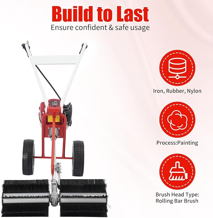 4 Stroke Gas Powered Hand Push Sweeper, Strong Power Lawn Sweeper Machine with 23in Long High-Density Brush, Artificial Grass Brush Gasoline Powered Broom for Lawn, Driveway, Snow