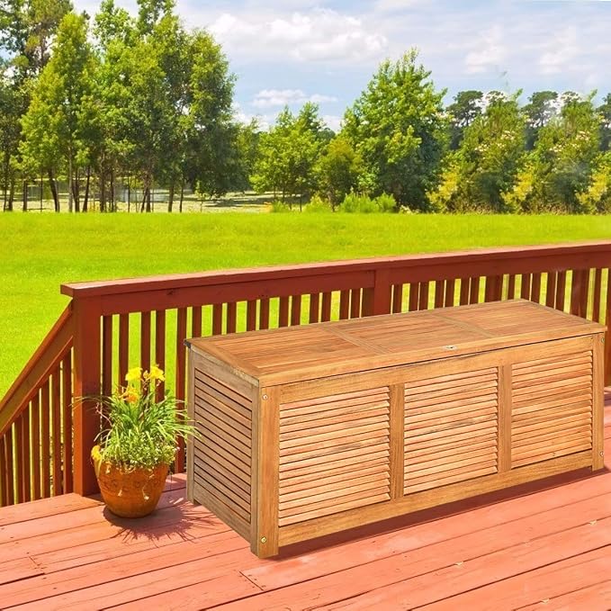 LDAILY Moccha Garden Backyard Storage Bench, Large Acacia Wood Deck Box, Outdoor Storage Container for Patio Furniture Cushions and Gardening Tools