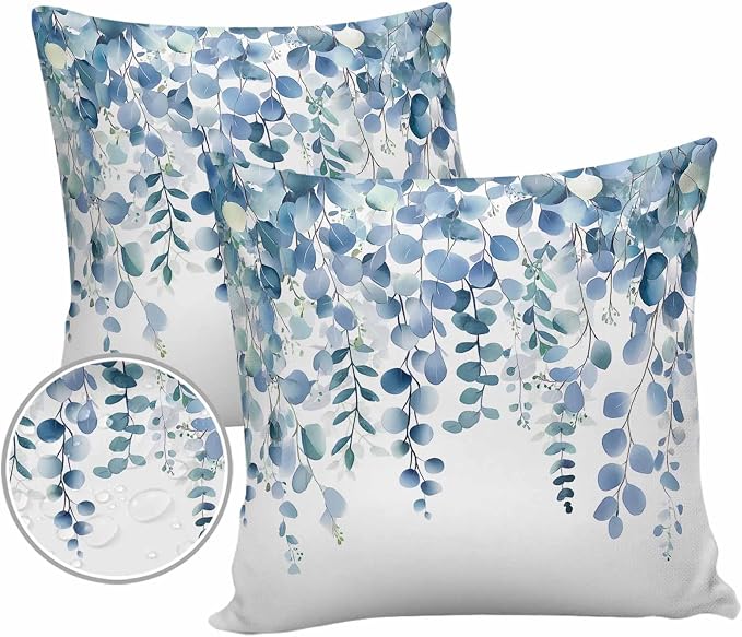 Outdoor Waterproof Pillow Covers Blue Eucalyptus Leaves Set of 2 Decorative Outdoor Pillowcases Watercolor Plant Leaf Cushion Cases for Patio Funiture Garden Couch Bench 18 x 18 Inches