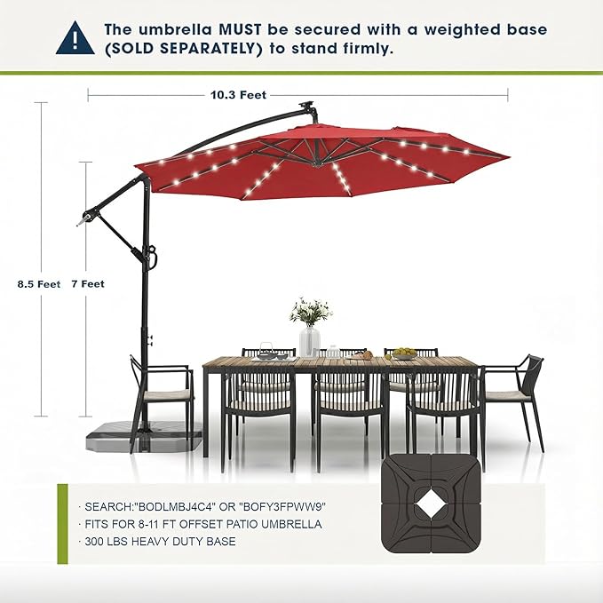 wikiwiki 10ft Solar LED Offset Patio Umbrella, Outdoor Cantilever Patio Umbrellas with Solor Lights for Backyard, Poolside and Garden, Easy Tilt Adjustment, Polyester Shade, Bright Red