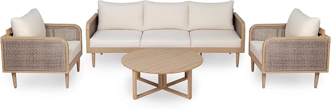 Christopher Knight Home Edward 4 Piece Patio Furniture Set with 3-Seater Sofa, Club Chairs And Coffee Table, 5 Seater Outdoor Acacia Wood Conversation Set, Patio Sofa Set, Light Teak+Light Brown+Cream