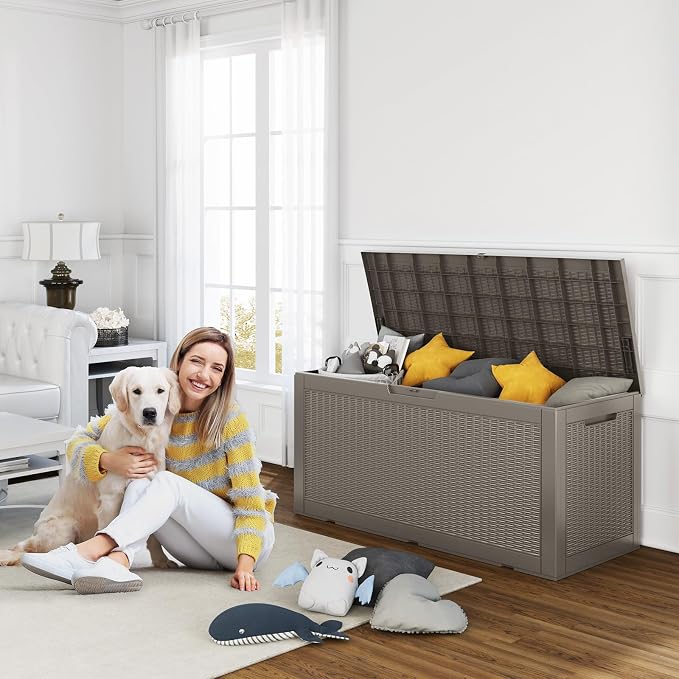 ROJIK 125 Gallon Waterproof Outdoor Deck Storage Box, Lockable Resin Patio Storage Bin with Lid for Garden Tools, Patio Cushions & Outdoor Accessories (Grey)