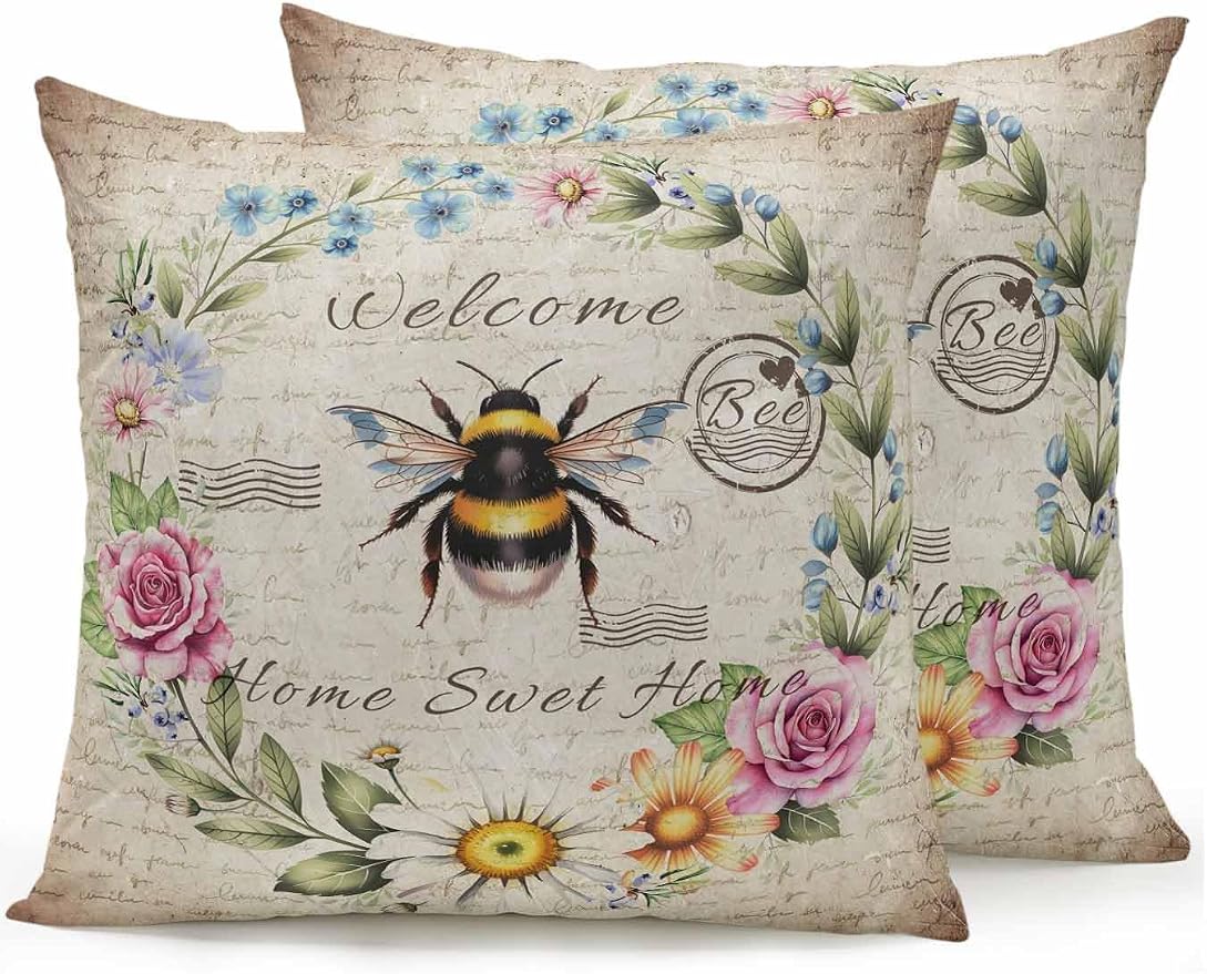 Outdoor Waterproof Throw Pillows Farmhouse Flower Leaf Wreath Patio Pillows Pack of 2,Decorative Pillow Covers with Insert,Pillow Cushion Case for Garden Couch Sofa Rustic Bee Retro Letter