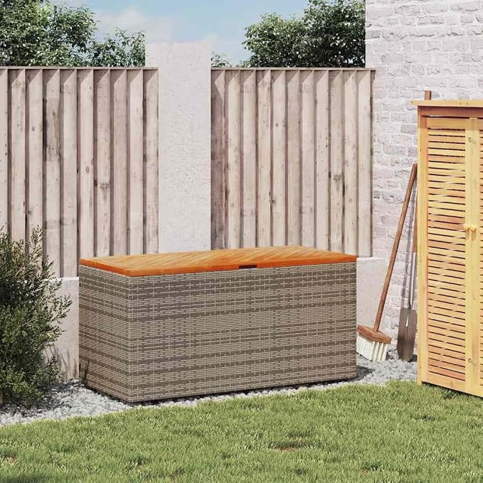 Outdoor Garden Storage Box with Seat, Weather-Resistant PE Rattan Deck Box for Patio, Backyard, and Balcony, Rectangular Container for Cushions and Tools, Grey